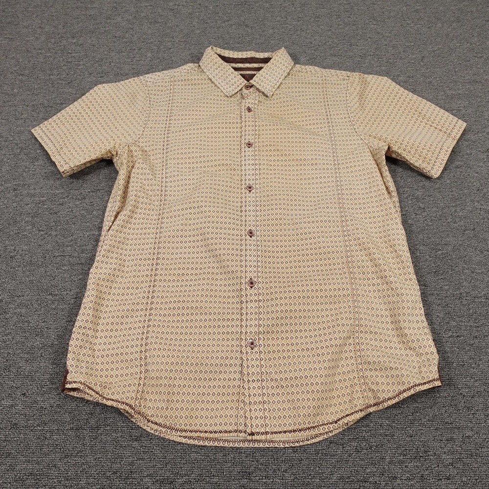 PrAna Shirt Mens Large Beige Geometric Short Sleeve Button Up Casual Summer